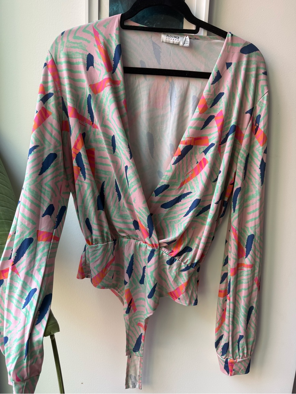 Plunge Wrap-Front Pink Multi Print Bodysuit